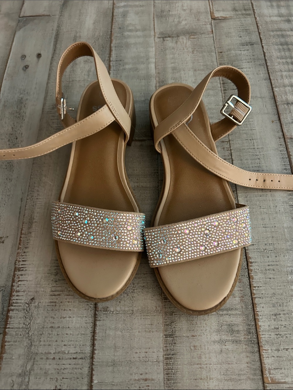 art class Beige Crystal-Embellished Girls' Ankle Strap Sandals
